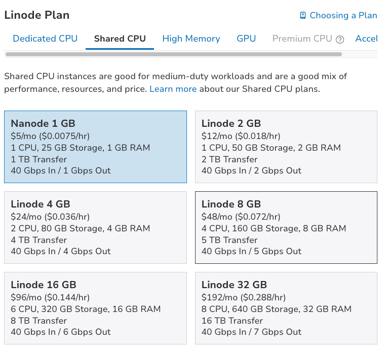 Linode plan picker with Nanode 1 GB selected